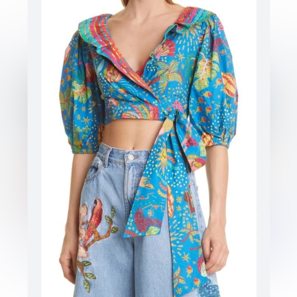 FARM Rio Blue Tropical Tie-Front Puff Sleeve Crop Top with Multicolor Ruffle